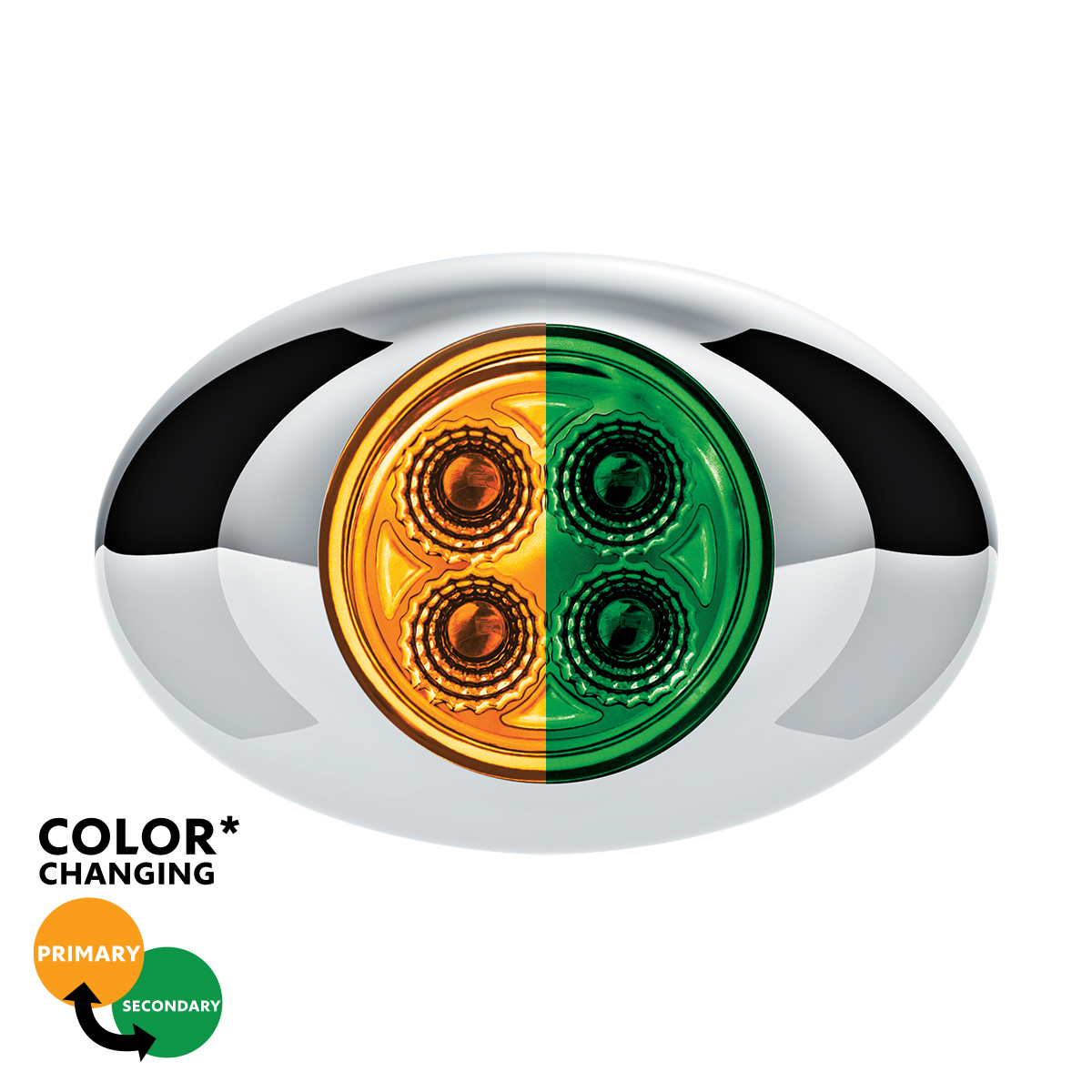 Double Fury Green Auxiliary to Amber Primary Function 4 LED P3 Style Round Light with Chrome Bezel