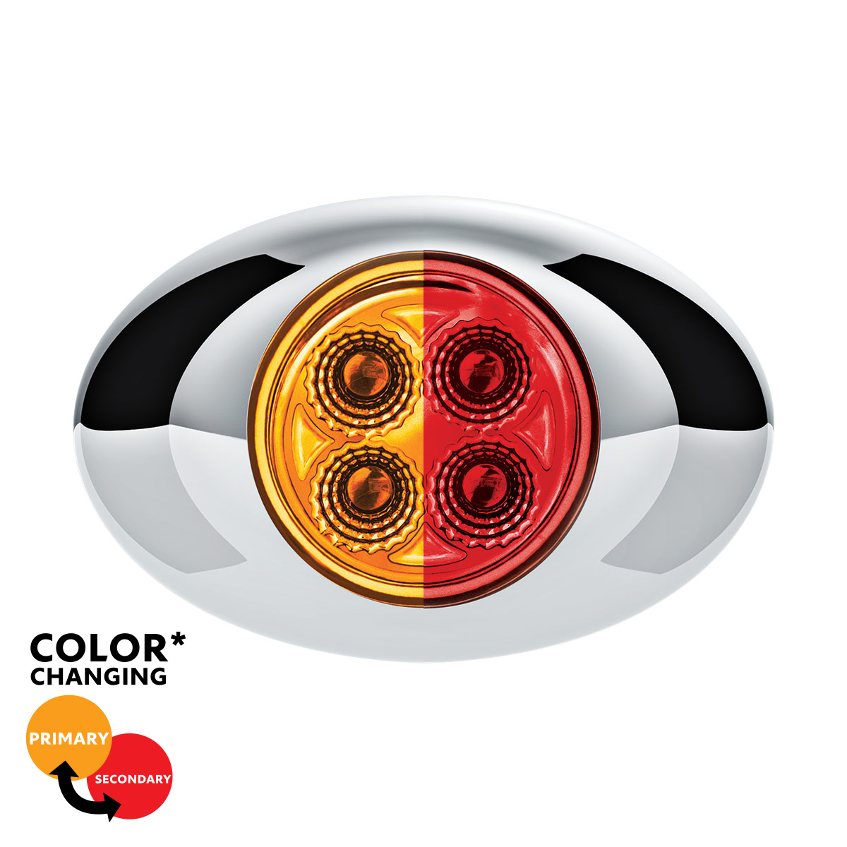 Double Fury Red Auxiliary to Amber Primary Function 4 LED P3 Style Round Light with Chrome Bezel