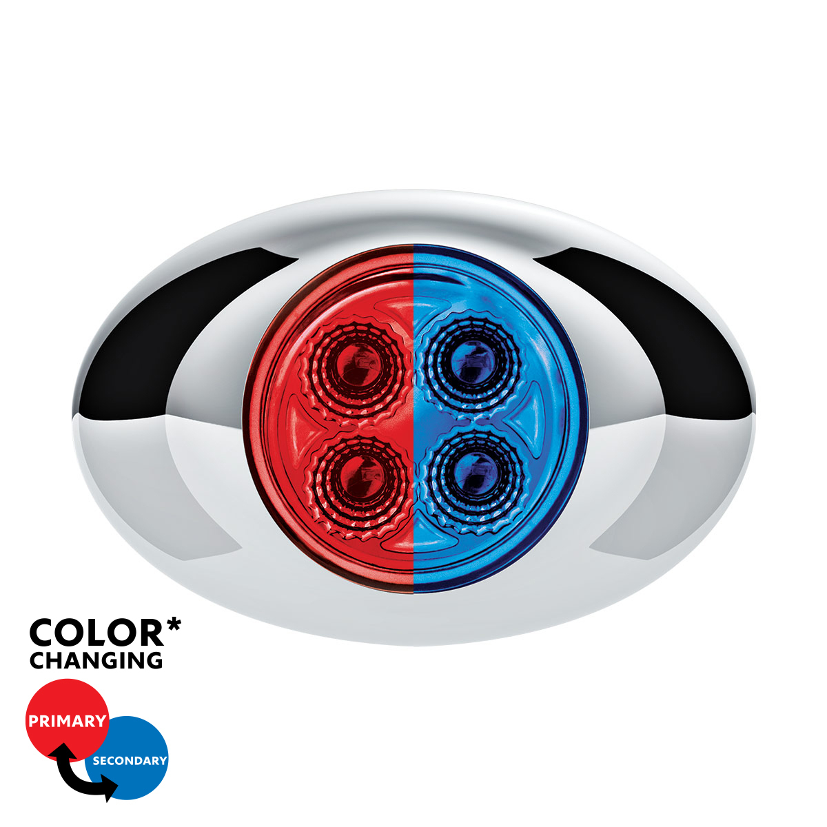 Double Fury Blue Auxiliary to Red Primary Function 4 LED P3 Style Round Light with Chrome Bezel