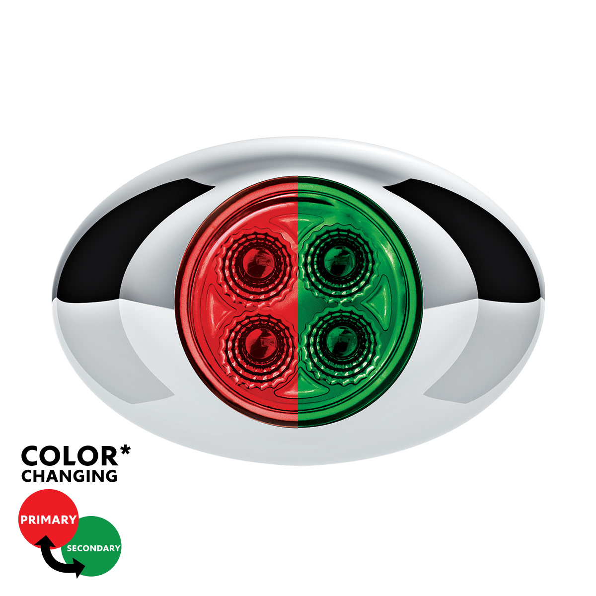 Double Fury Green Auxiliary to Red Primary Function 4 LED P3 Style Round Light with Chrome Bezel