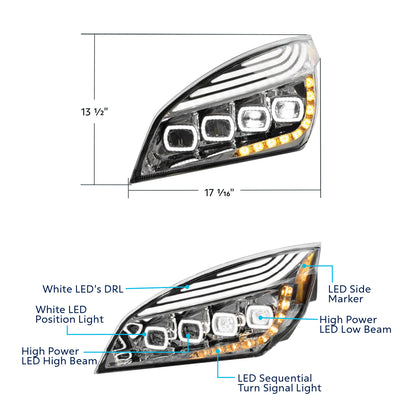 Freightliner Cascadia 2018-2024 Quad-LED Headlight with 15 LED Sequential Turn and 144 LED Daytime Running Light
