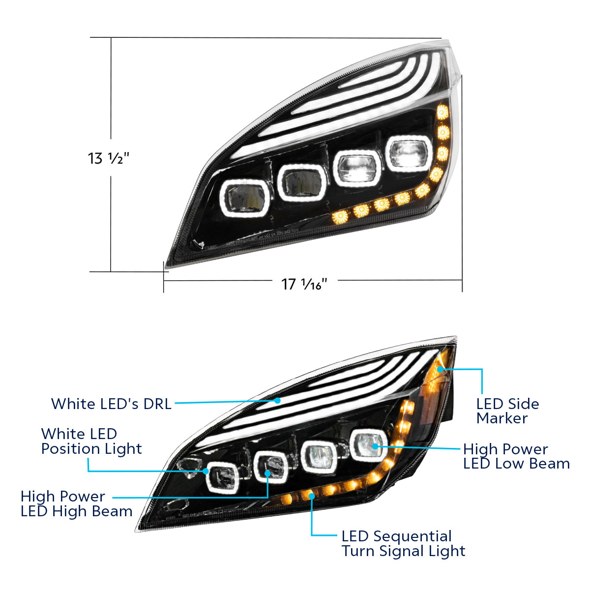 Freightliner Cascadia 2018-2024 Quad-LED Headlight with 15 LED Sequential Turn and 144 LED Daytime Running Light