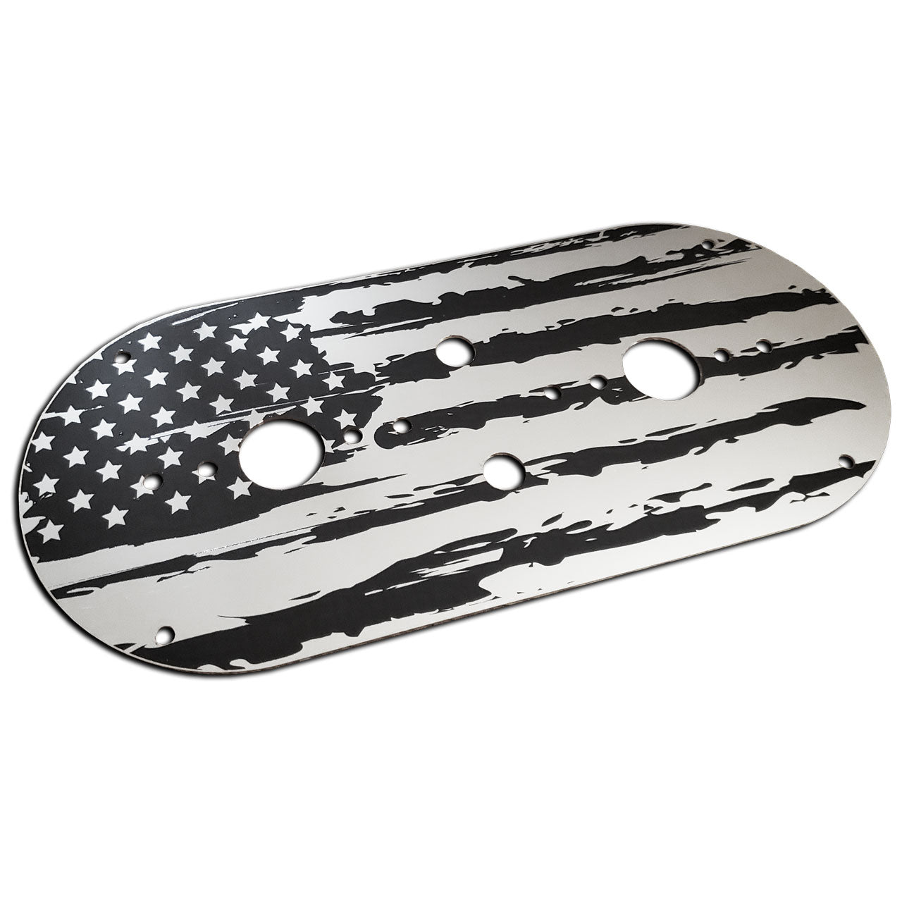 Black American Flag Stainless Steel Dome Light Plate with Full Radius Ends and 2 Watermelon Light Holes for Peterbilt and Kenworth