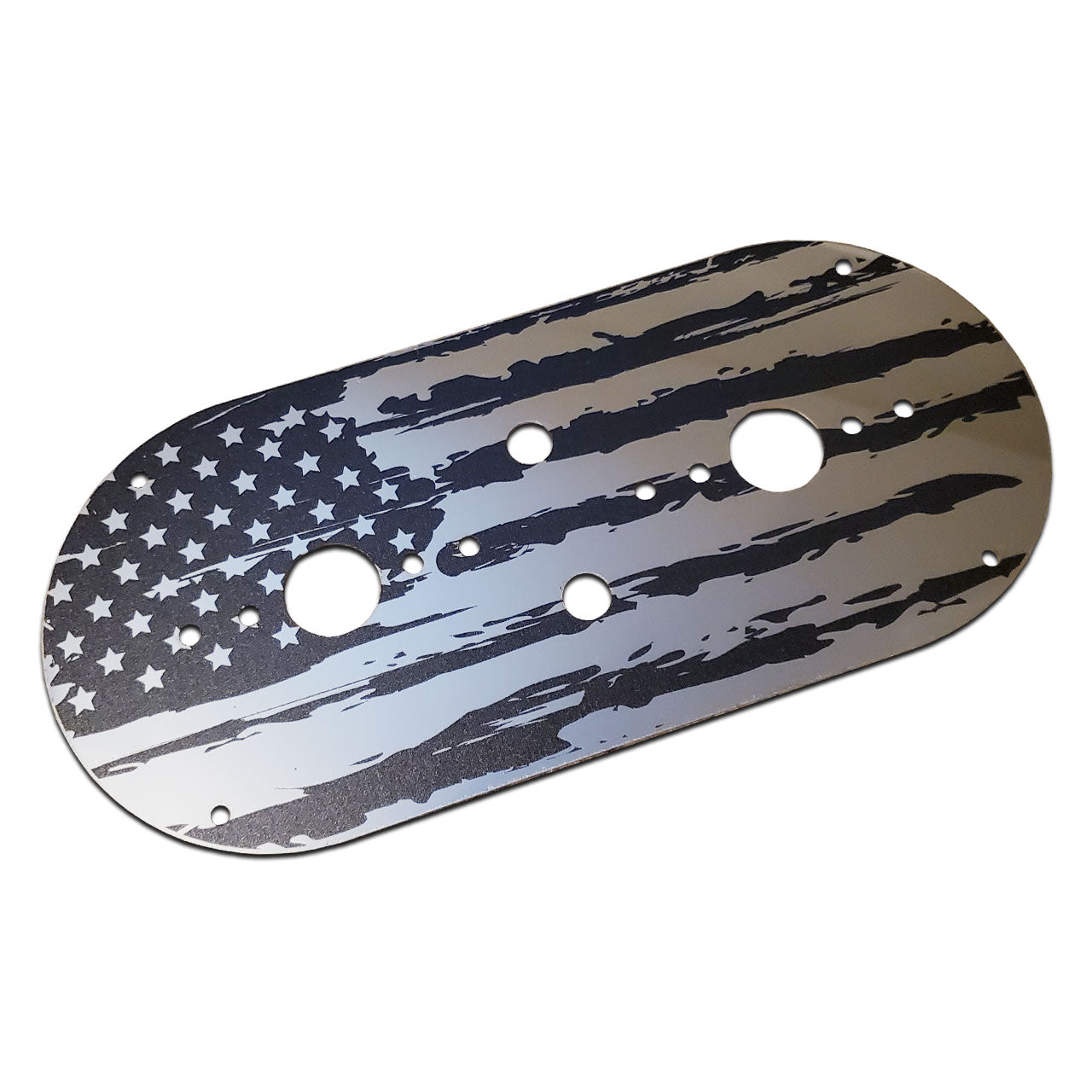 Black American Flag Stainless Steel Dome Light Plate with Full Radius Ends and 2 Watermelon Light Holes for Peterbilt and Kenworth