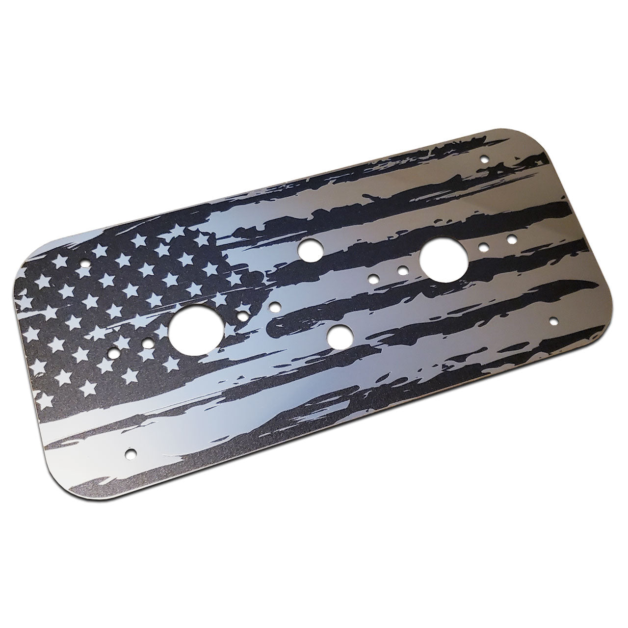 Black American Flag Stainless Steel Dome Light Plate with Radiused Corners and 2 Watermelon Light Holes for Peterbilt and Kenworth