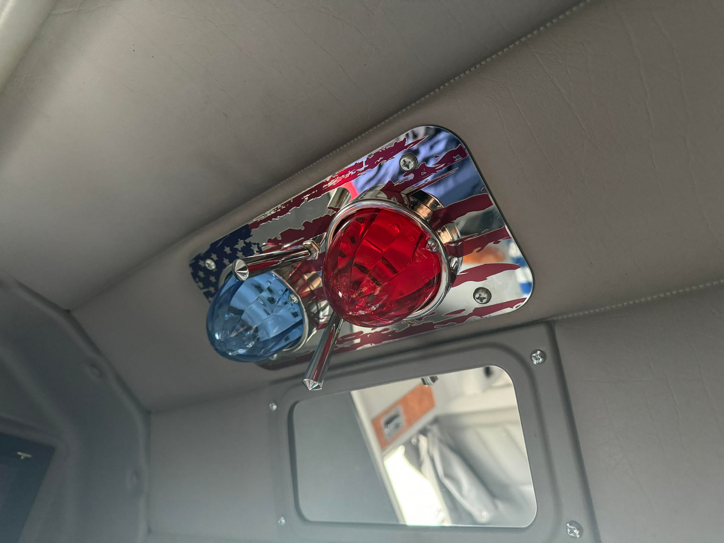 American Flag Stainless Steel Dome Light Plate with Radiused Corners and 2 Watermelon Light Holes for Peterbilt and Kenworth